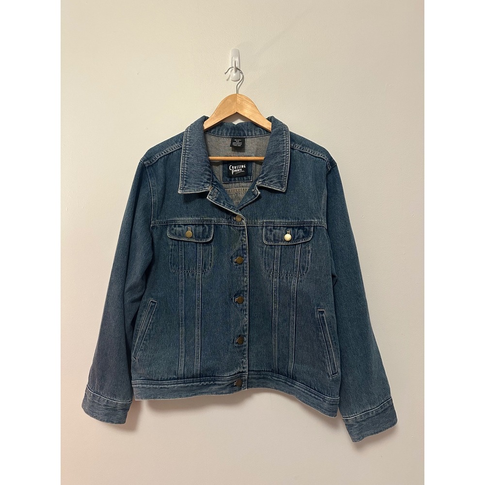 Crossing Pointe Blue Denim Trucker Jacket with Feather Back Patch | Size XS